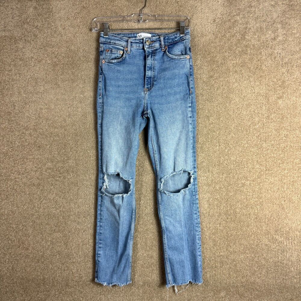 Zara Cropped Jeans Womens Size 6 Blue High Rise Denim Distressed Straight‎ Leg